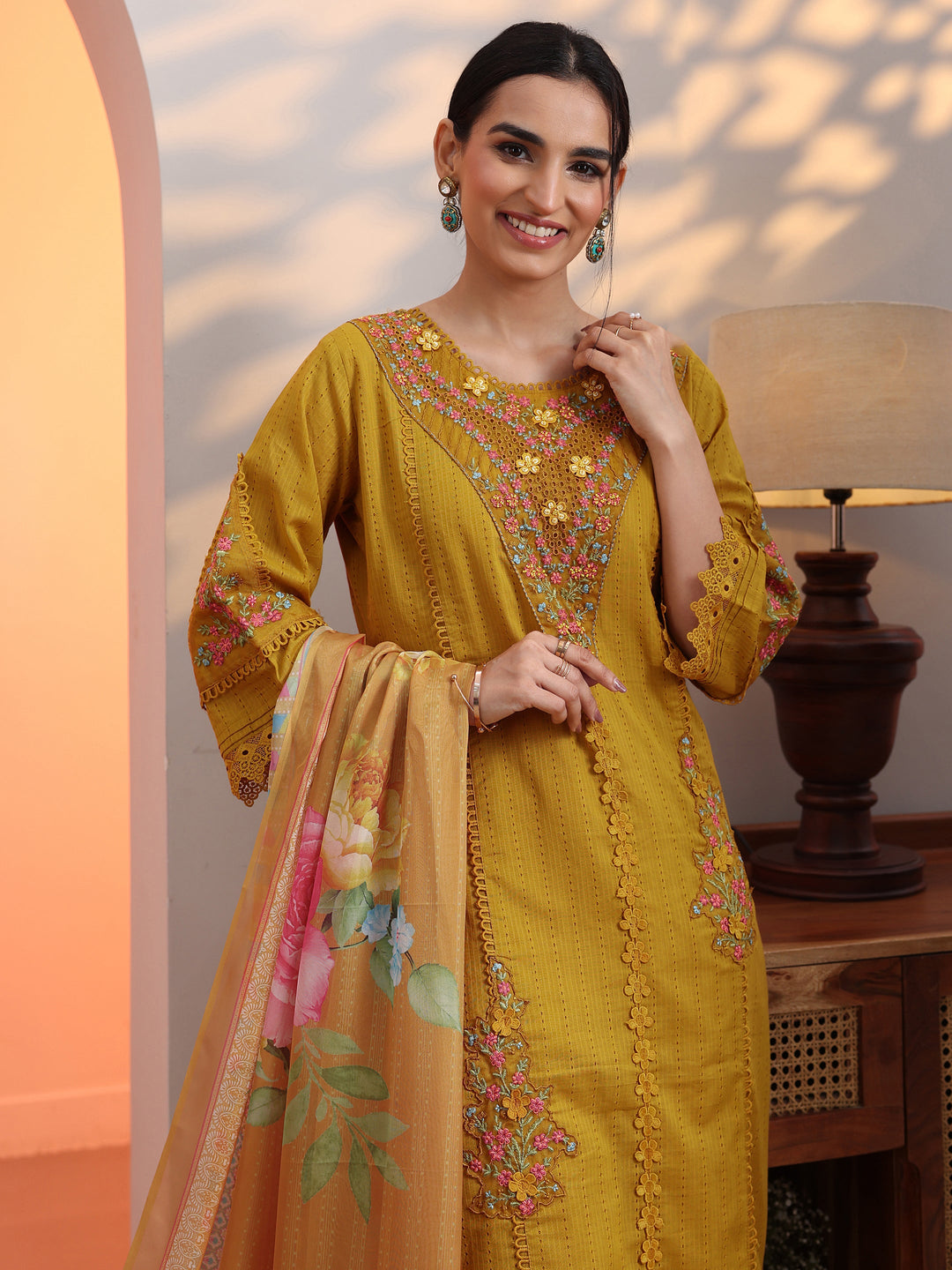  Mustard Embroidered Cotton Straight Suit Set With Dupatta 