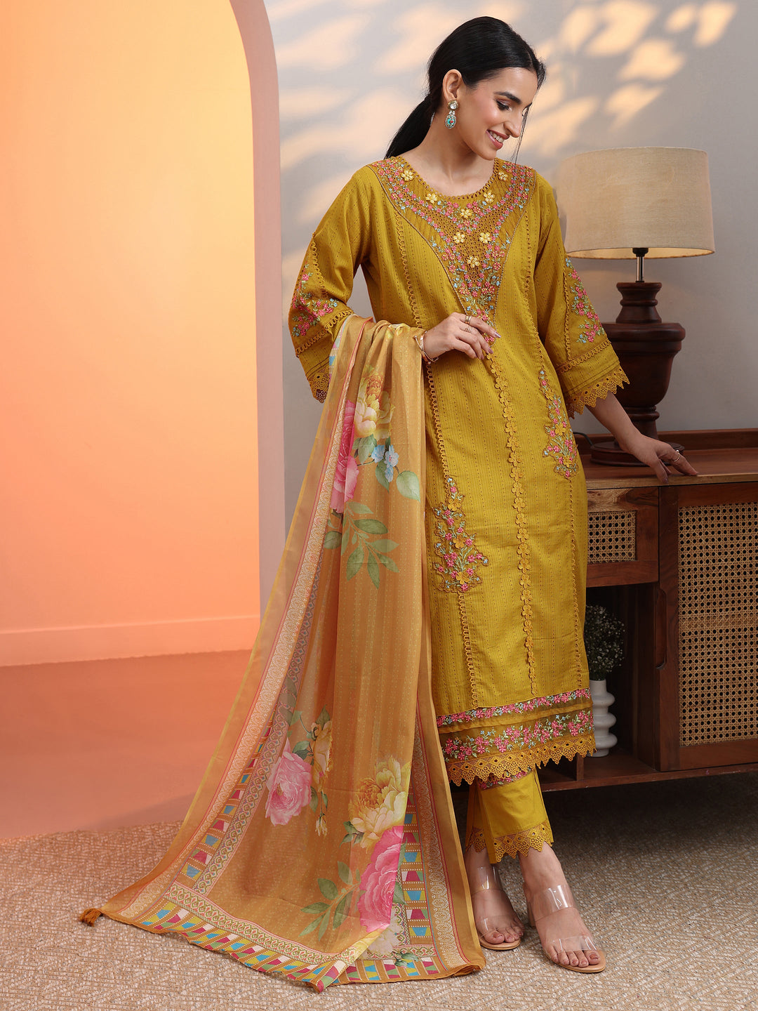  Mustard Embroidered Cotton Straight Suit Set With Dupatta 