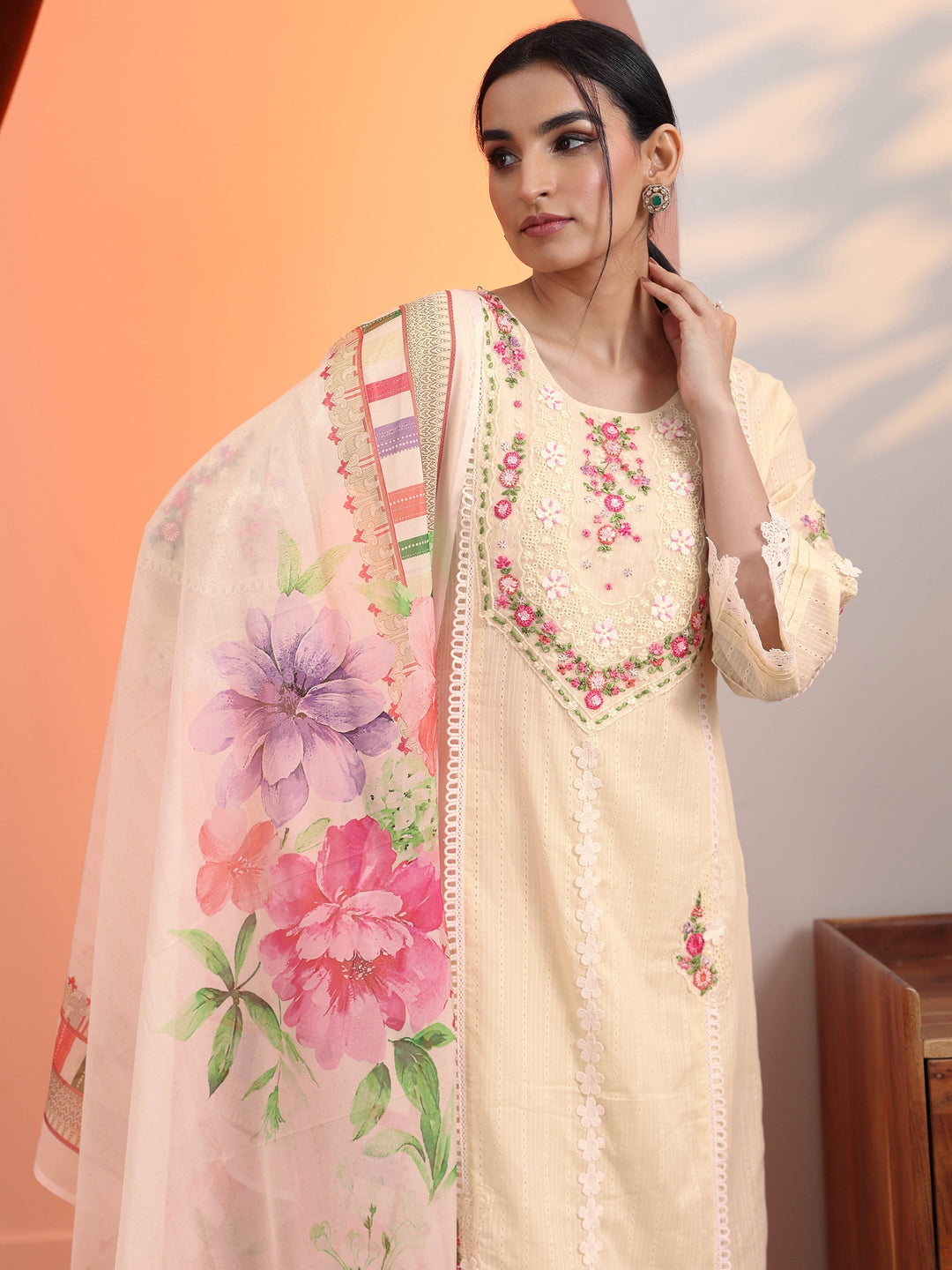  Off White Embroidered Cotton Straight Suit Set With Dupatta 