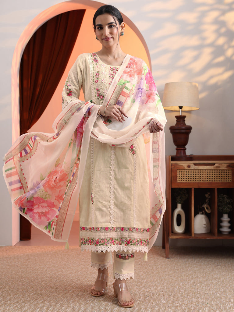 Libas Off White Embroidered Cotton Straight Suit Set With Dupatta