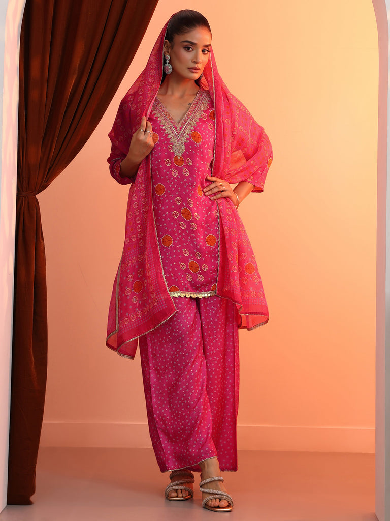 Libas Pink Printed Silk Blend Straight Suit Set With Dupatta