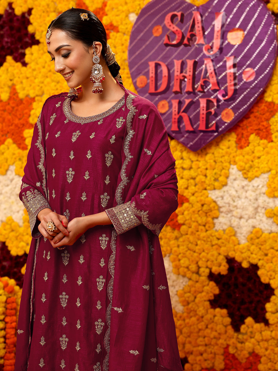 Pink Embroidered Chinon Straight Suit Set With Dupatta