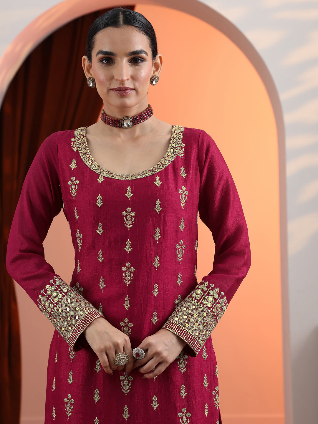  Pink Embroidered Chinon Straight Suit Set With Dupatta 