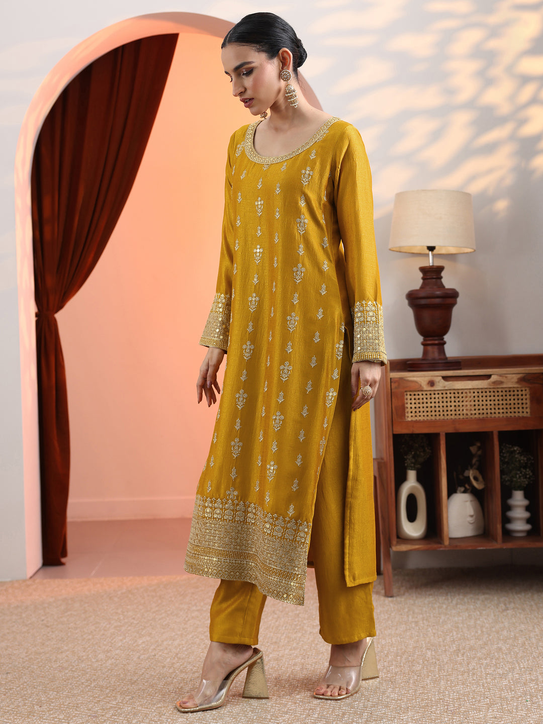  Mustard Embroidered Chinon Straight Suit Set With Dupatta 