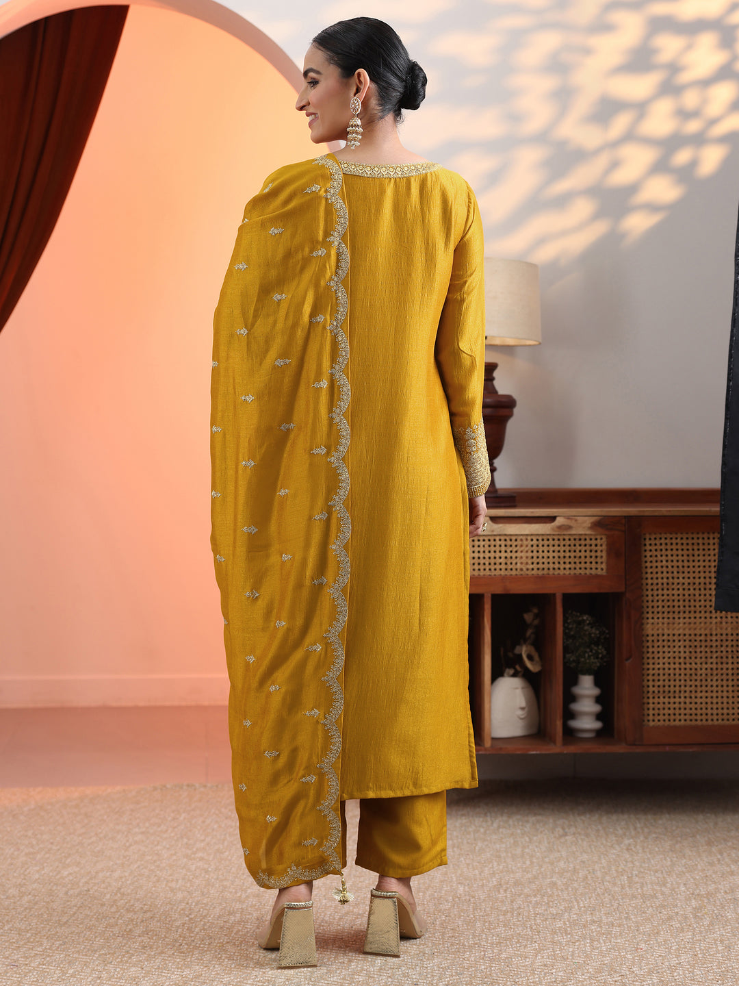  Mustard Embroidered Chinon Straight Suit Set With Dupatta 