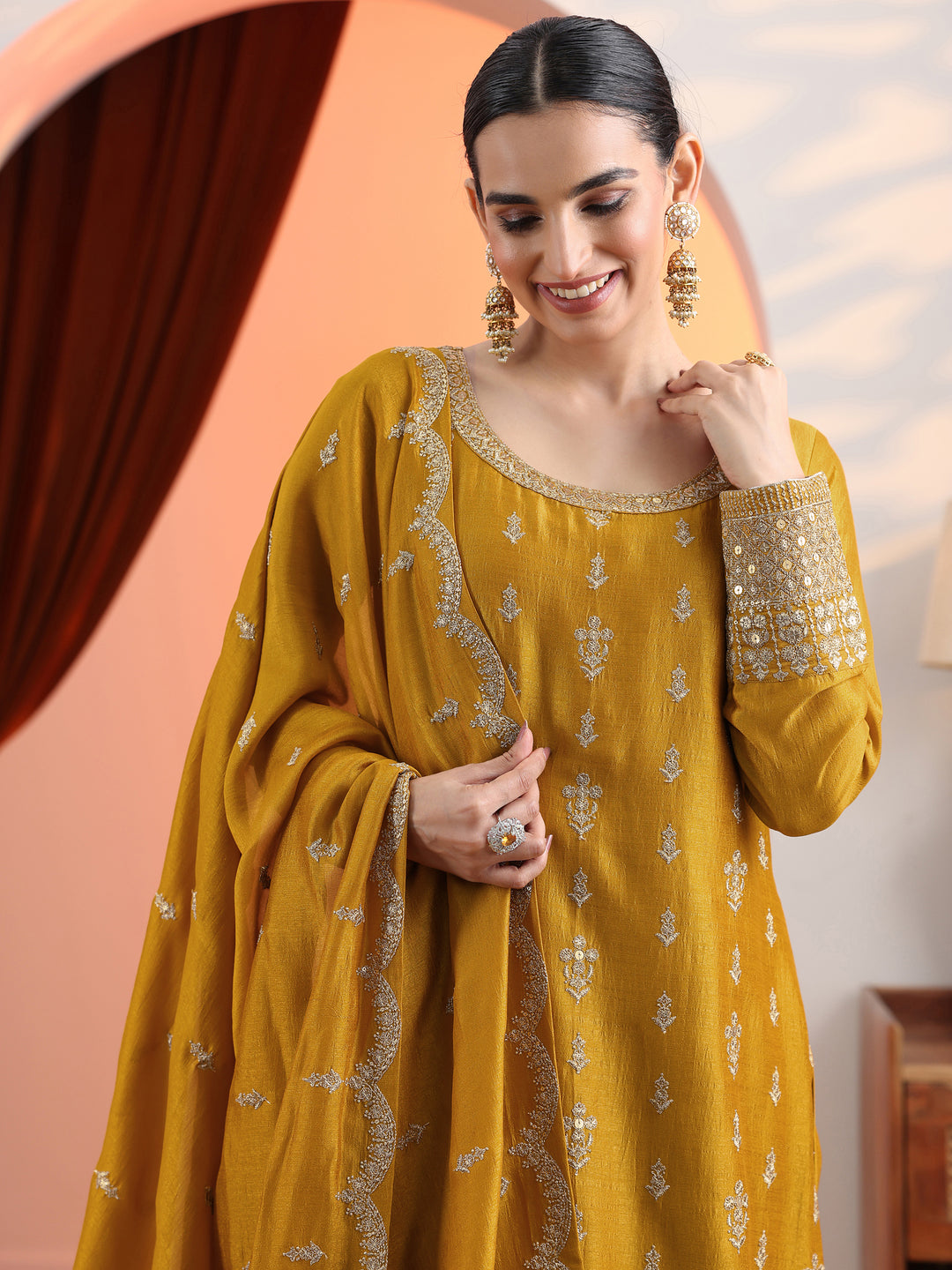  Mustard Embroidered Chinon Straight Suit Set With Dupatta 