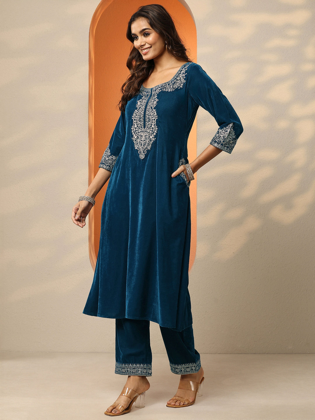  Blue Yoke Design Velvet A-Line Suit Set With Dupatta 