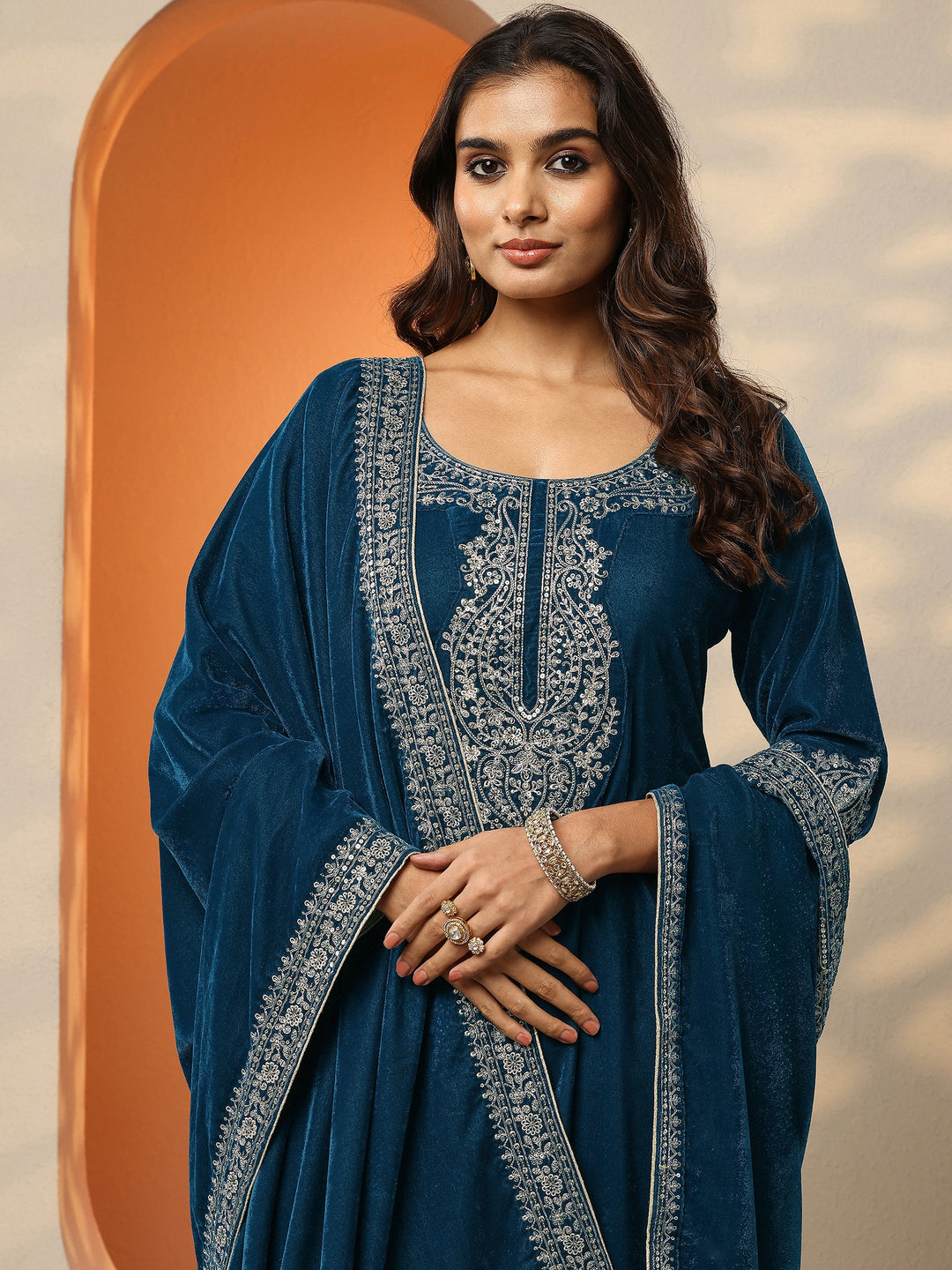  Blue Yoke Design Velvet A-Line Suit Set With Dupatta 