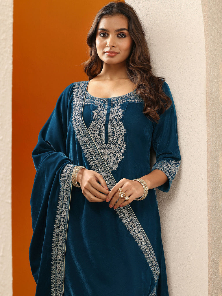 Libas Blue Yoke Design Velvet A-Line Suit Set With Dupatta