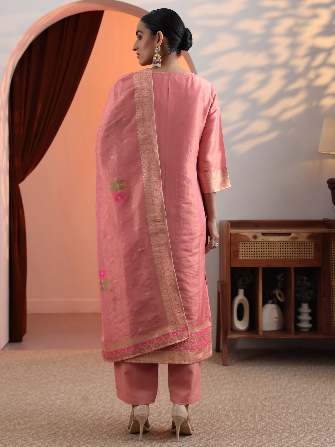  Peach Woven Design Silk Blend Straight Suit Set With Dupatta 