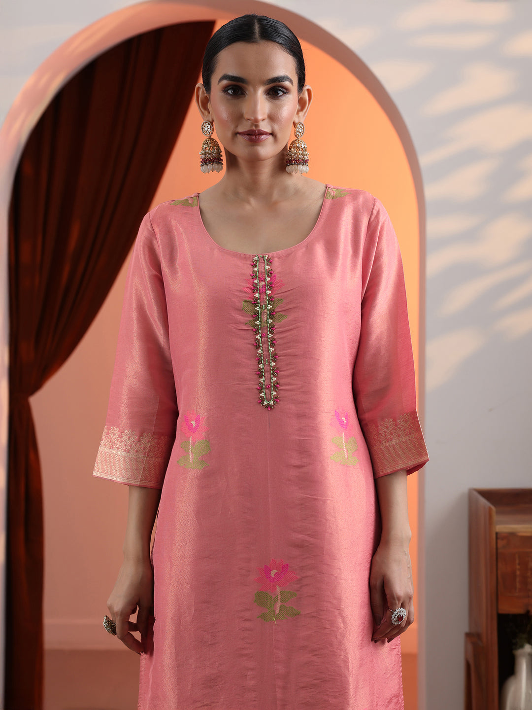 Peach Woven Design Silk Blend Straight Suit Set With Dupatta 