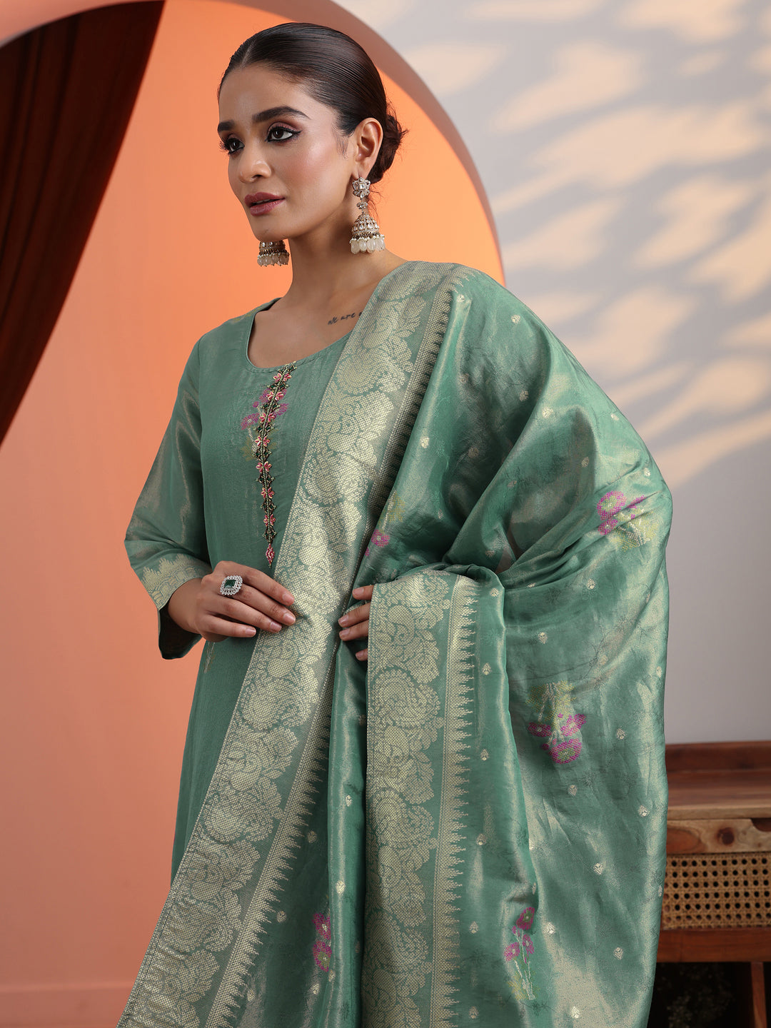  Green Woven Design Silk Blend Straight Suit Set With Dupatta 
