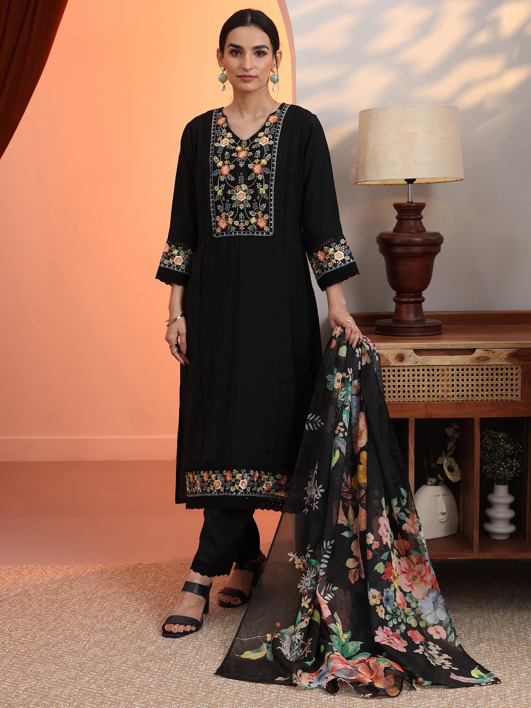 Black Embroidered Silk Blend Straight Suit Set With Dupatta