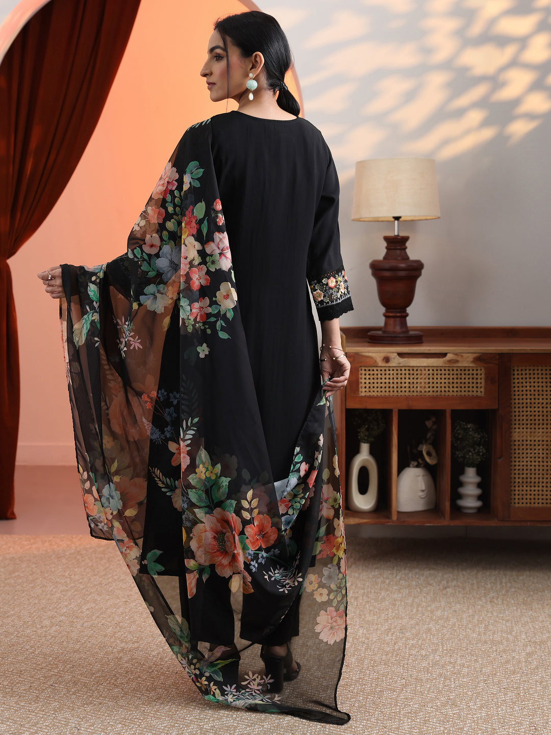 Black Embroidered Silk Blend Straight Suit Set With Dupatta 