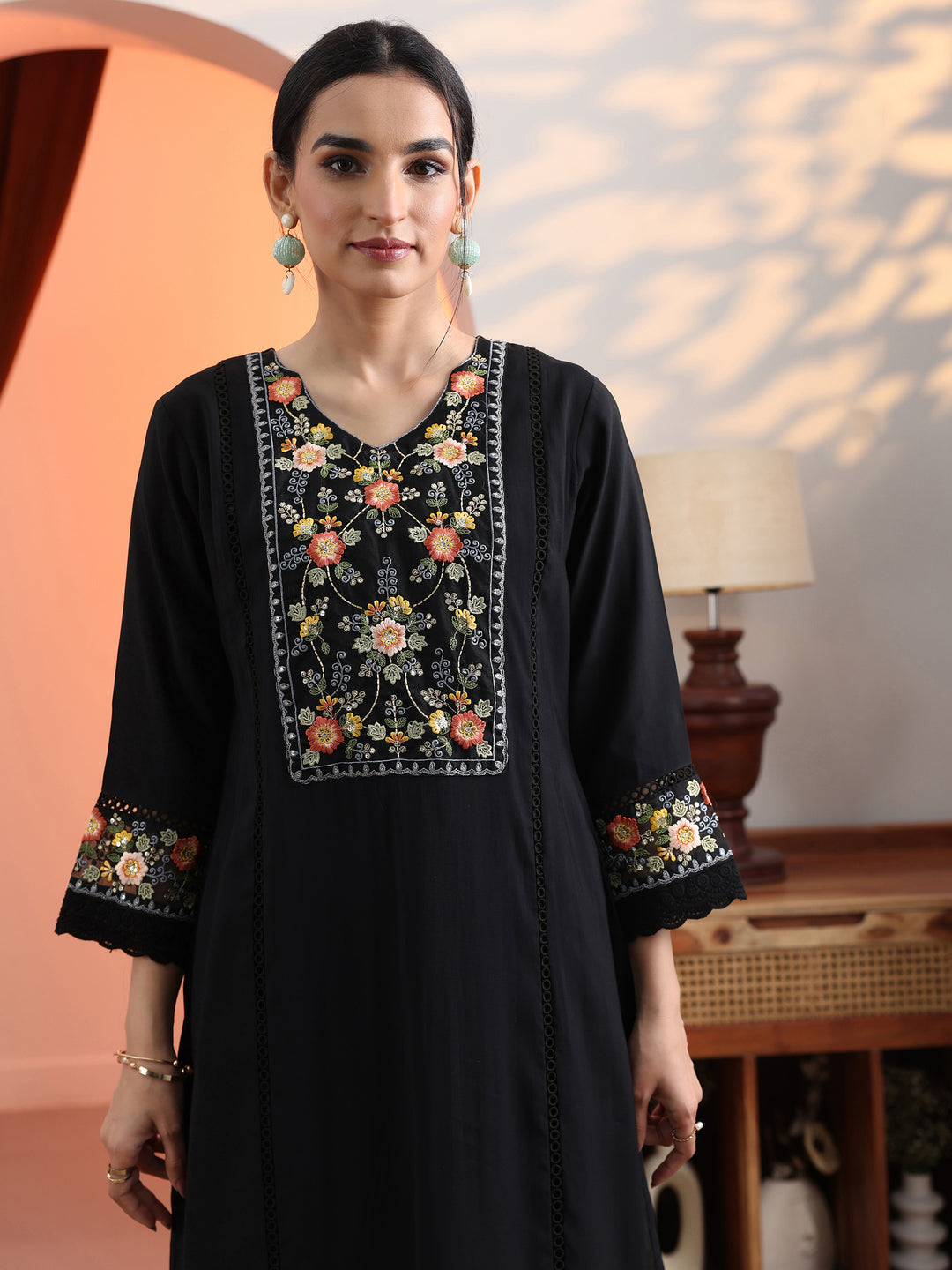 Black Embroidered Silk Blend Straight Suit Set With Dupatta 