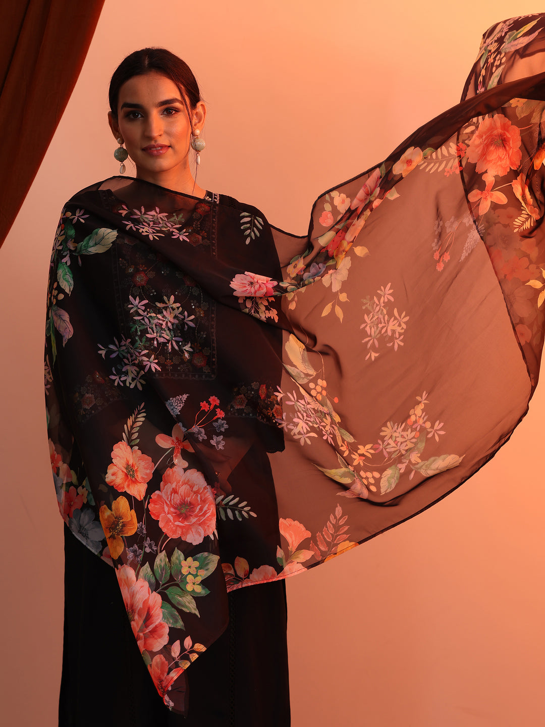  Black Embroidered Silk Blend Straight Suit Set With Dupatta 