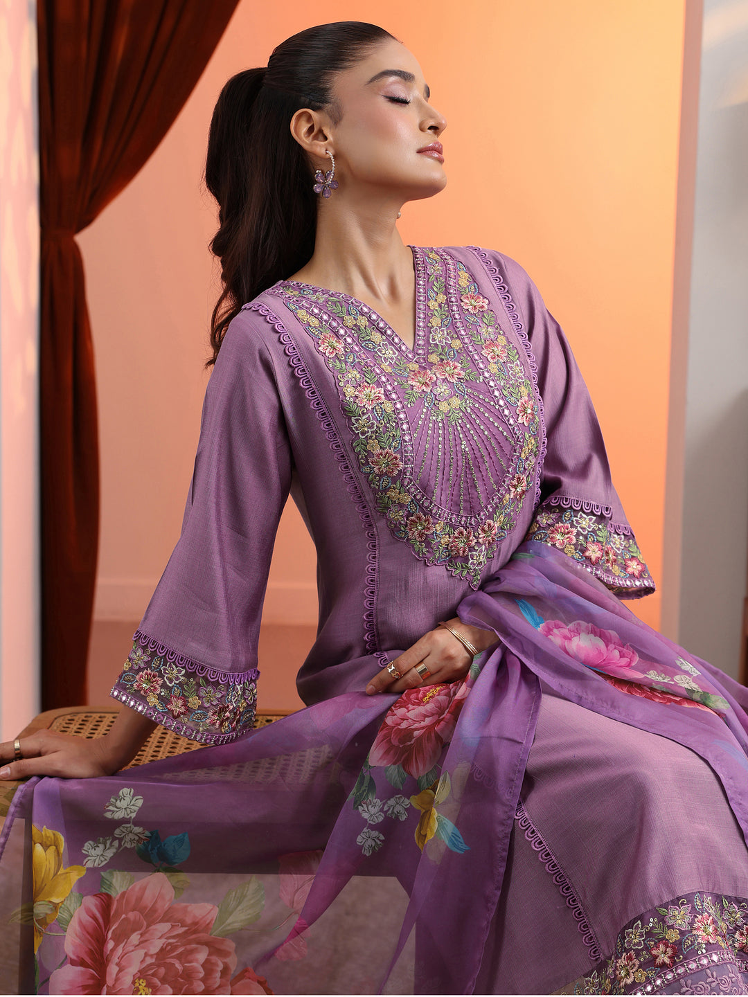 Lavender Embroidered Silk Blend A-Line Suit Set With Dupatta