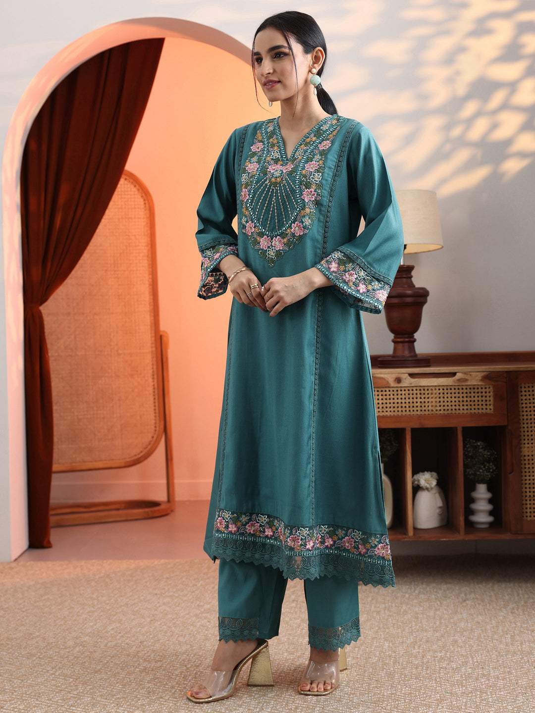  Blue Embroidered Silk Blend A-Line Suit Set With Dupatta 