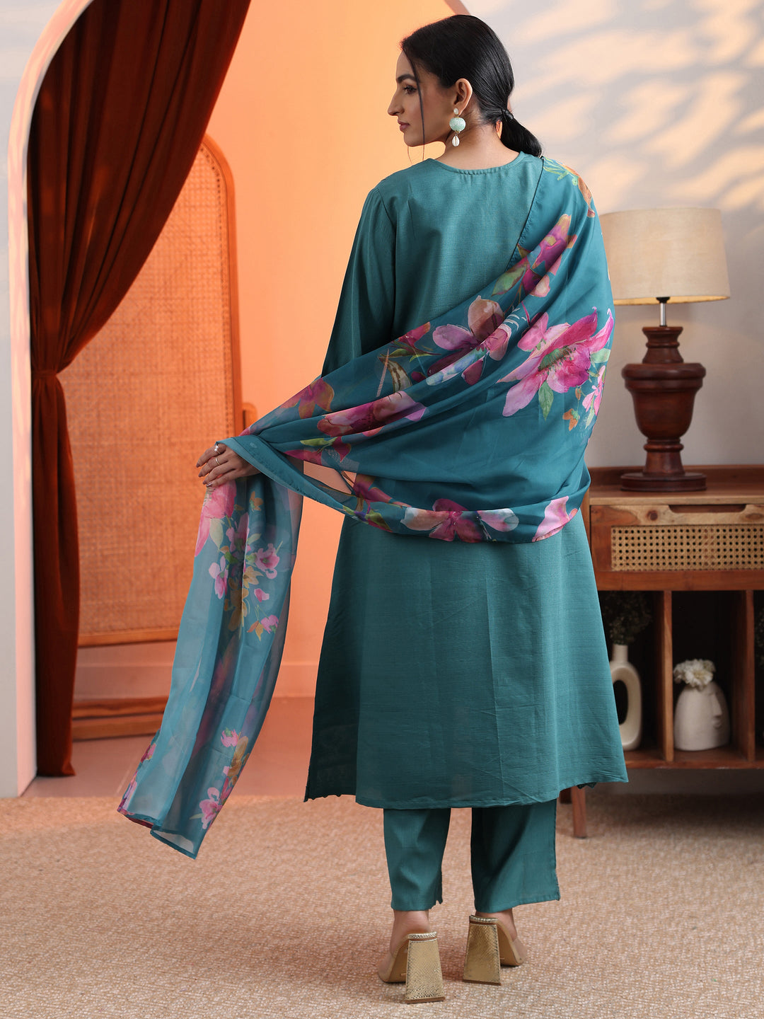  Blue Embroidered Silk Blend A-Line Suit Set With Dupatta 
