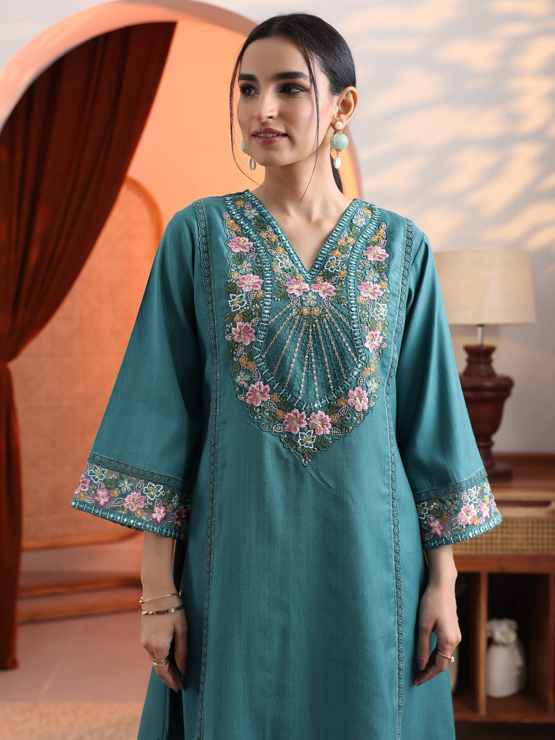 Blue Embroidered Silk Blend A-Line Suit Set With Dupatta 