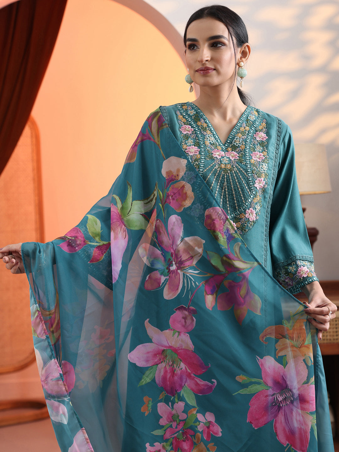  Blue Embroidered Silk Blend A-Line Suit Set With Dupatta 