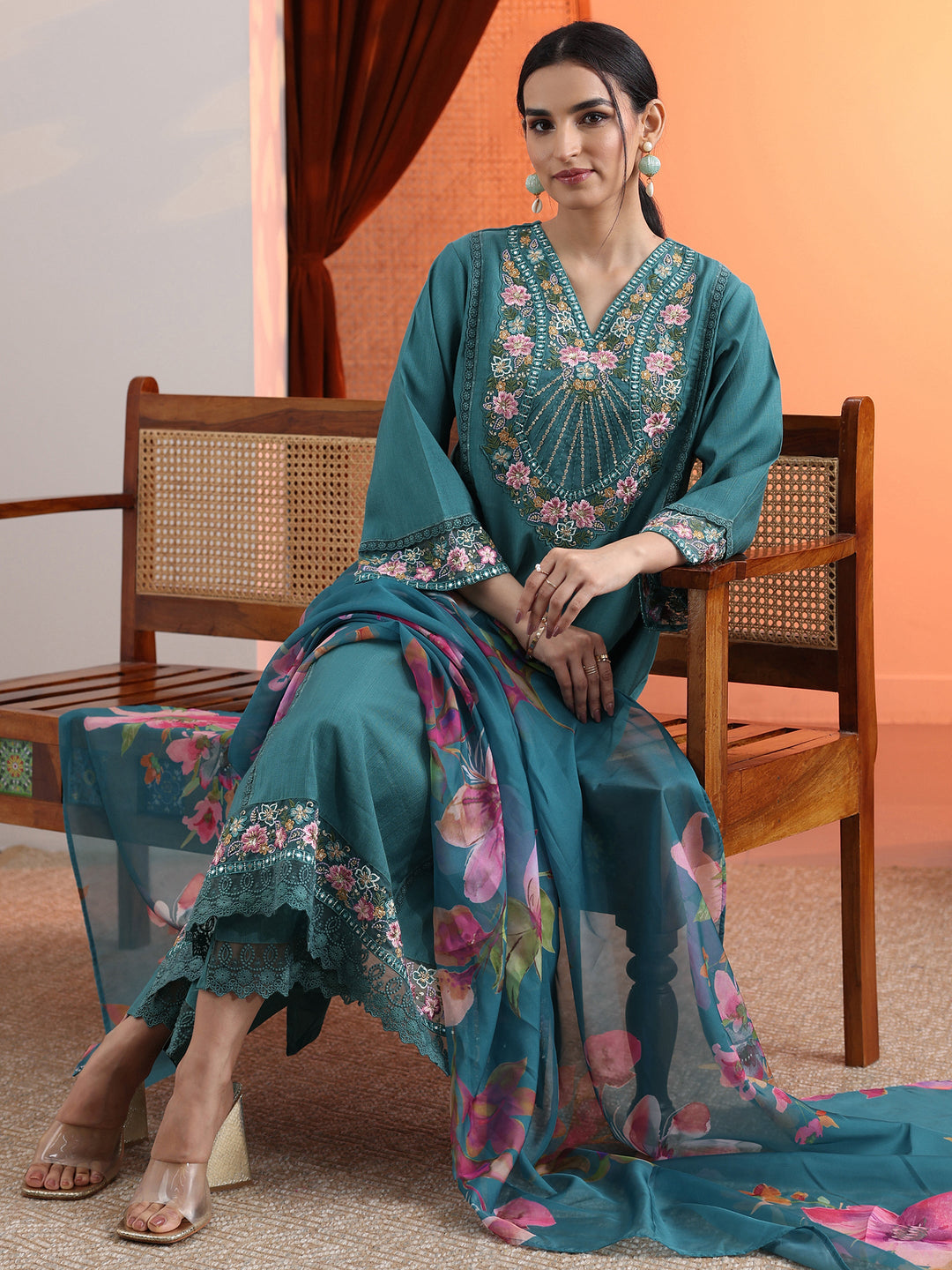  Blue Embroidered Silk Blend A-Line Suit Set With Dupatta 