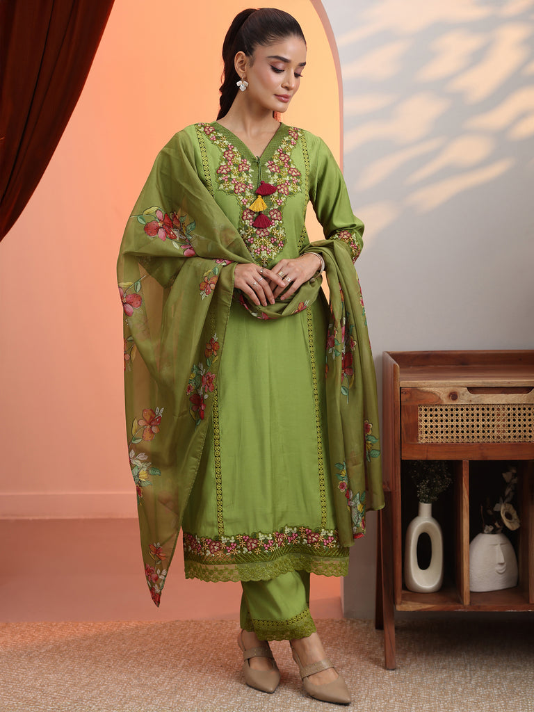 Libas Green Embroidered Silk Blend Straight Suit Set With Dupatta