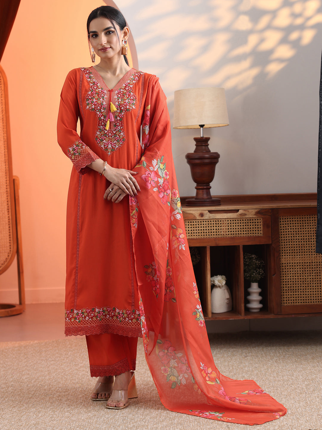  Orange Embroidered Silk Blend Straight Suit Set With Dupatta 