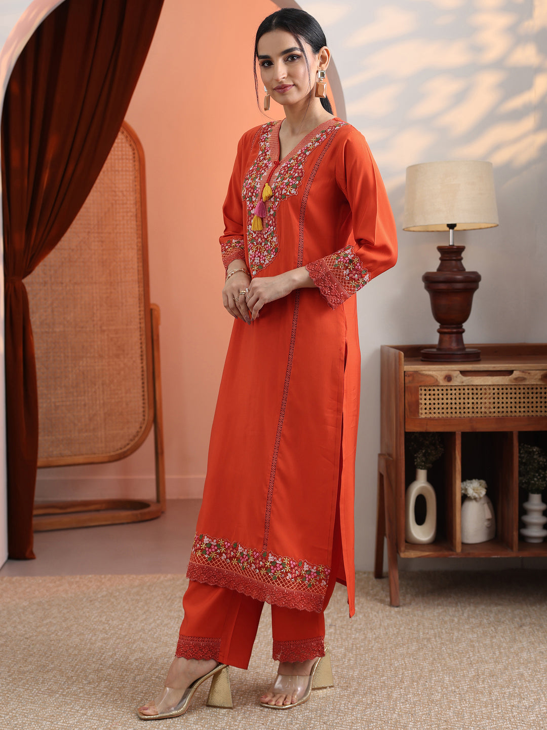  Orange Embroidered Silk Blend Straight Suit Set With Dupatta 
