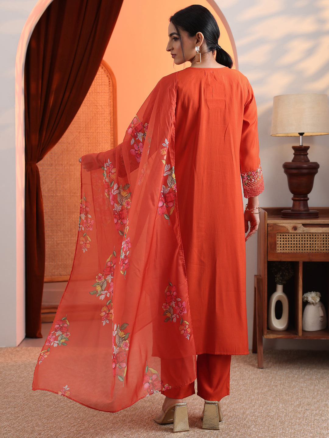  Orange Embroidered Silk Blend Straight Suit Set With Dupatta 