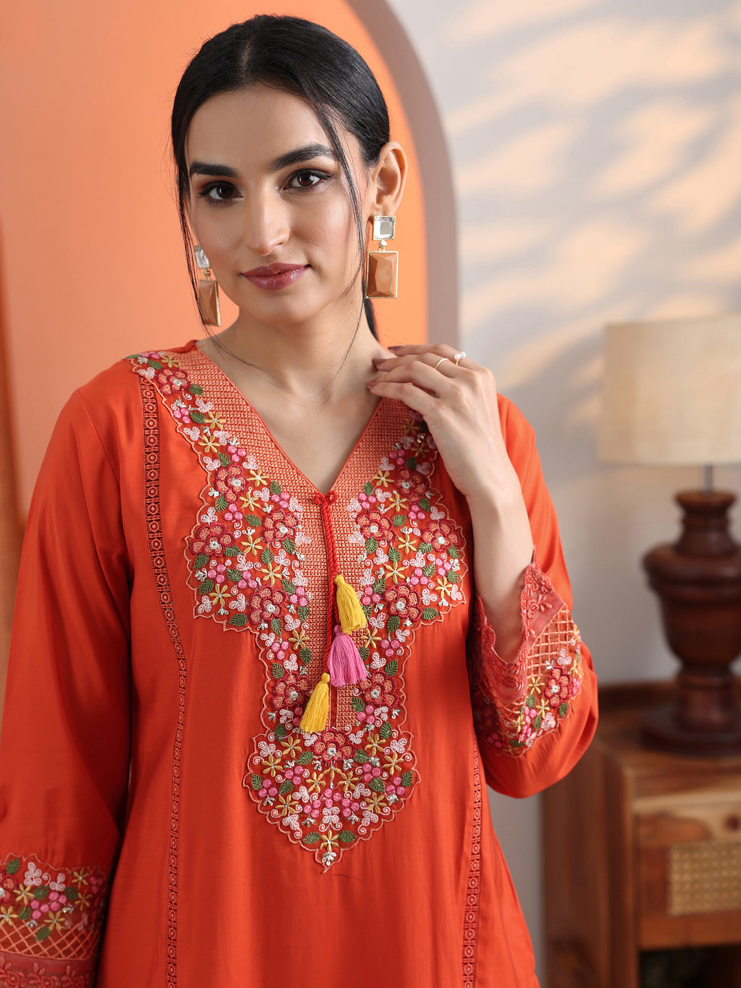  Orange Embroidered Silk Blend Straight Suit Set With Dupatta 
