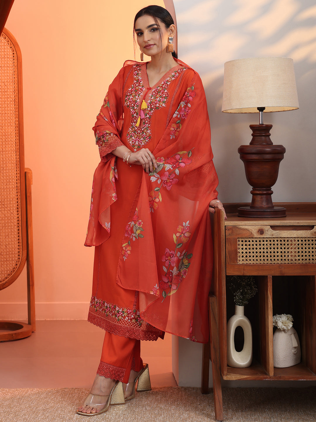  Orange Embroidered Silk Blend Straight Suit Set With Dupatta 
