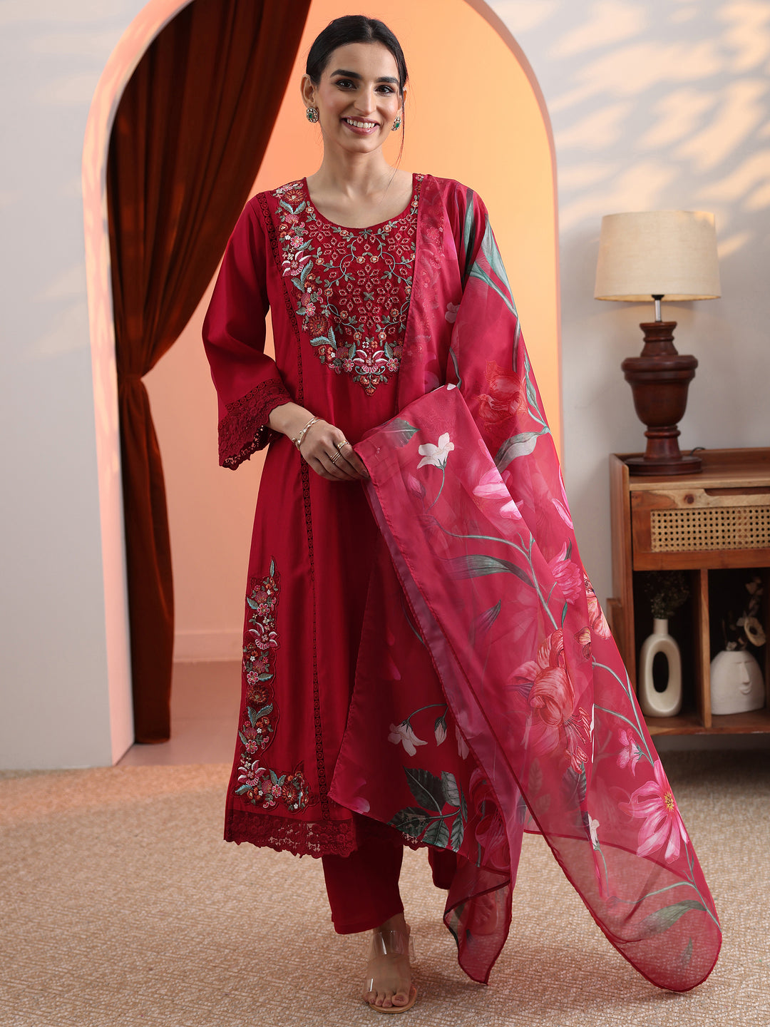  Red Embroidered Silk Blend A-Line Suit Set With Dupatta 