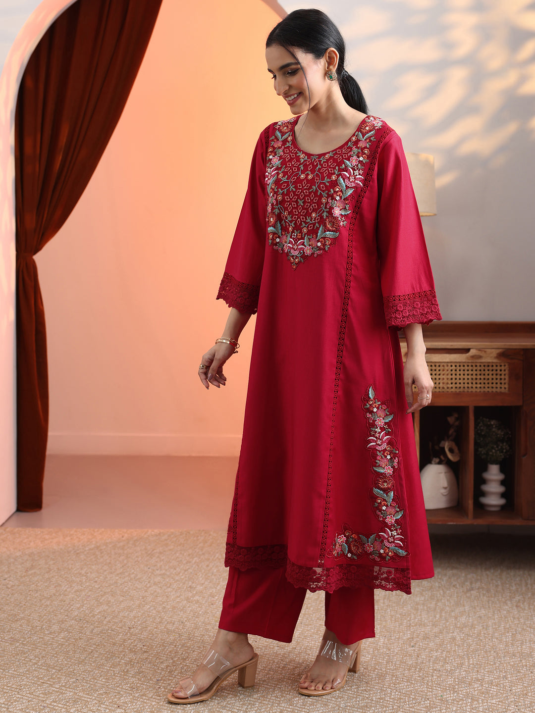  Red Embroidered Silk Blend A-Line Suit Set With Dupatta 