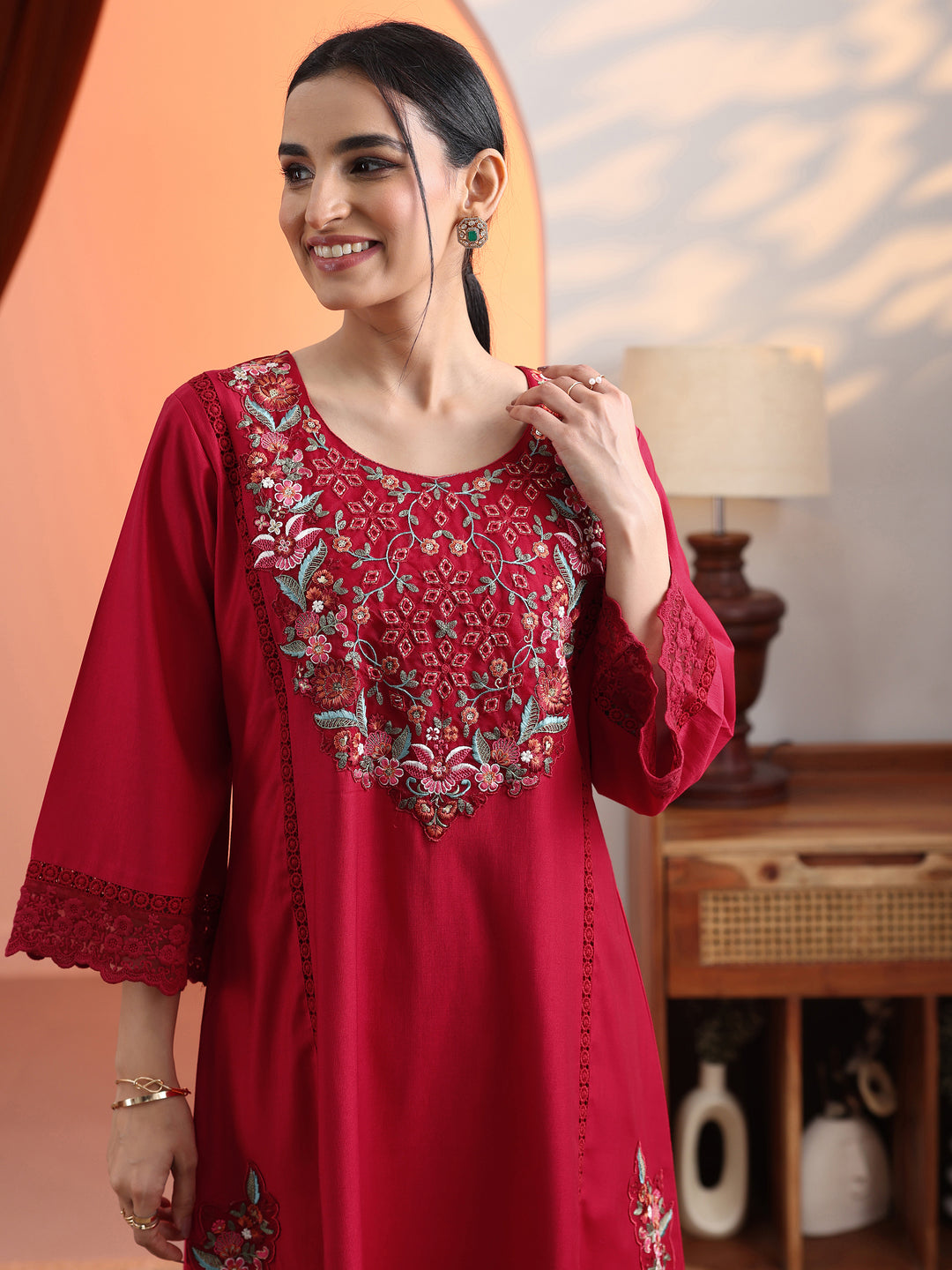  Red Embroidered Silk Blend A-Line Suit Set With Dupatta 