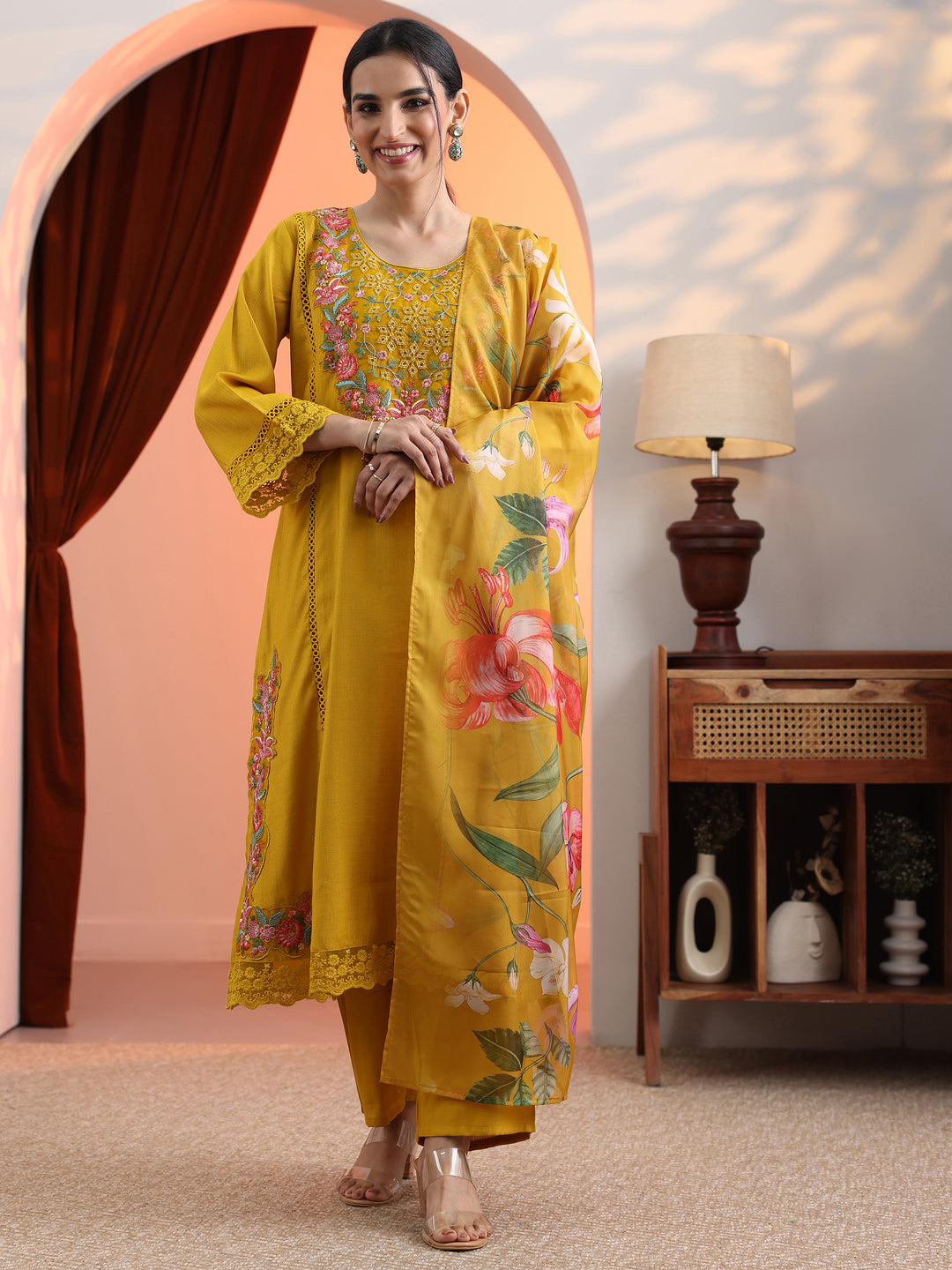  Mustard Embroidered Silk Blend Straight Suit Set With Dupatta 