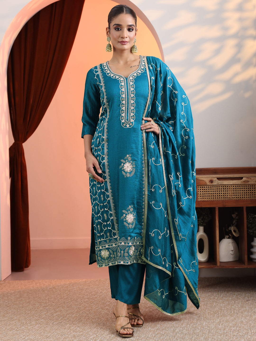  Blue Embellished Chinon Straight Suit Set With Dupatta 