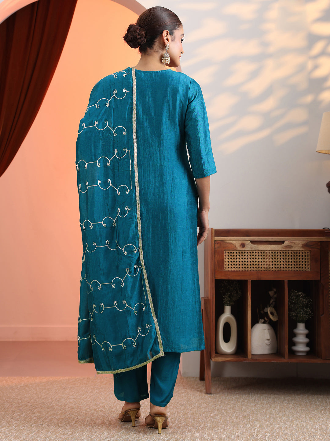  Blue Embellished Chinon Straight Suit Set With Dupatta 