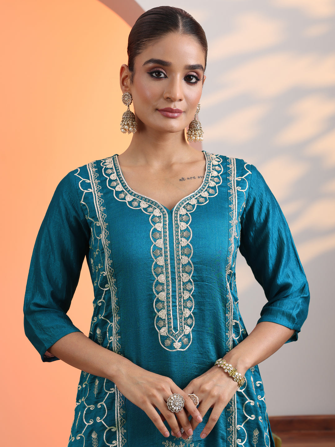  Blue Embellished Chinon Straight Suit Set With Dupatta 