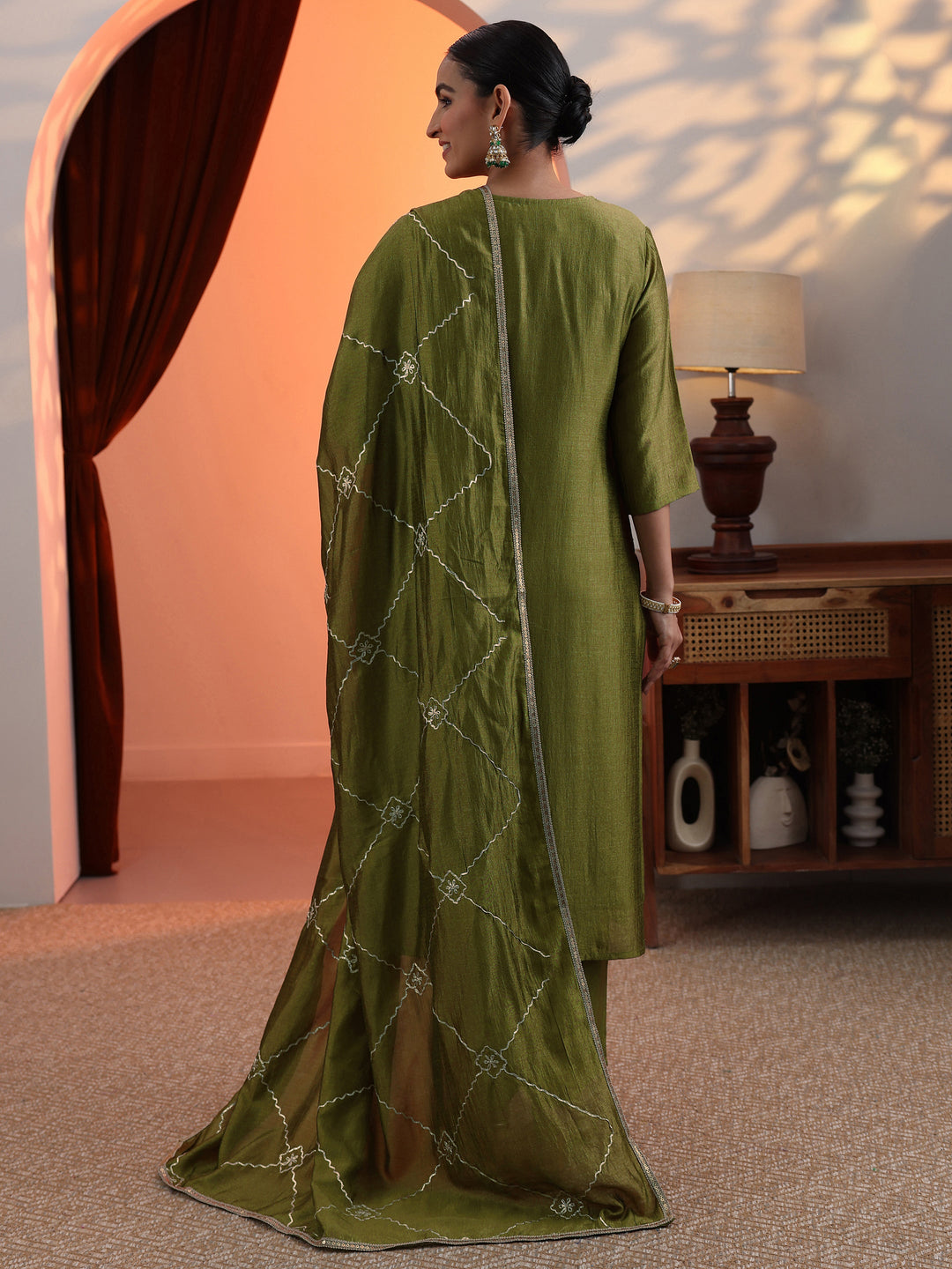  Green Embellished Chinon Straight Suit Set With Dupatta 