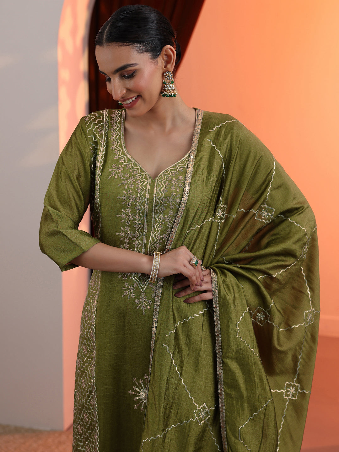 Green Embellished Chinon Straight Suit Set With Dupatta 