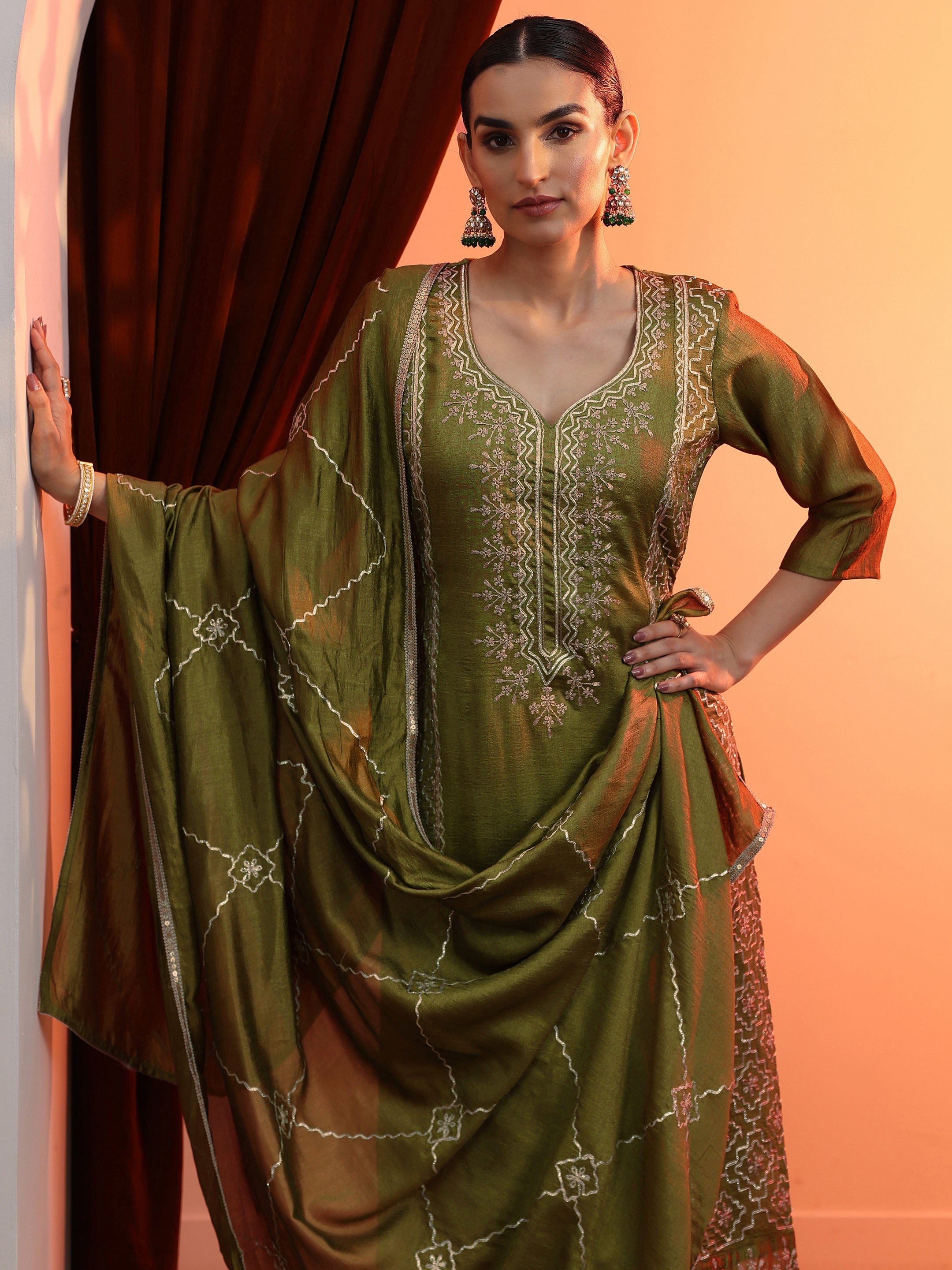 libas Green Embellished Chinon Straight Suit Set With Dupatta-picture-50