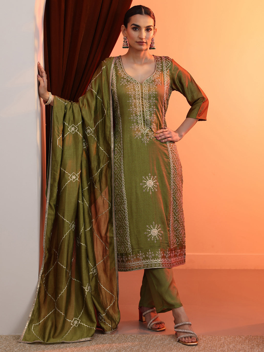  Green Embellished Chinon Straight Suit Set With Dupatta 