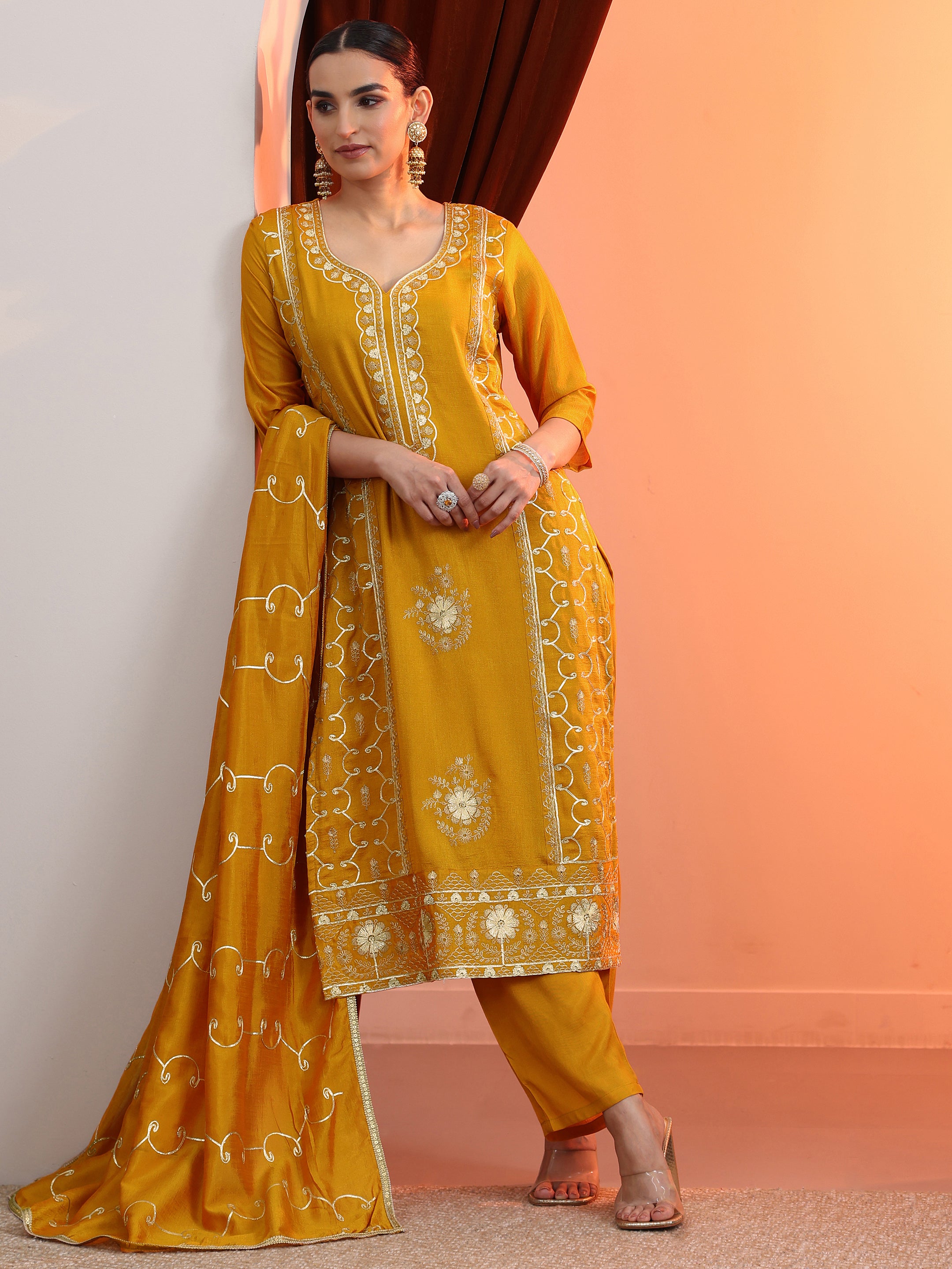 Mustard Embellished Chinon Straight Suit Set With Dupatta-image-8