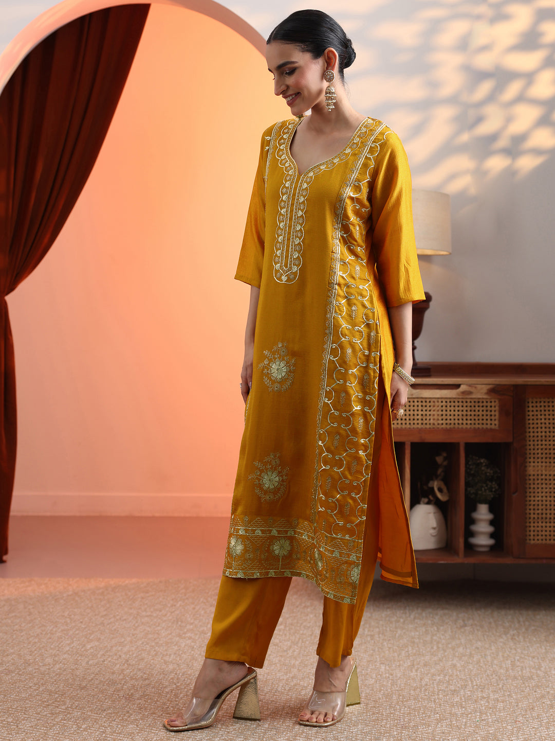  Mustard Embellished Chinon Straight Suit Set With Dupatta 