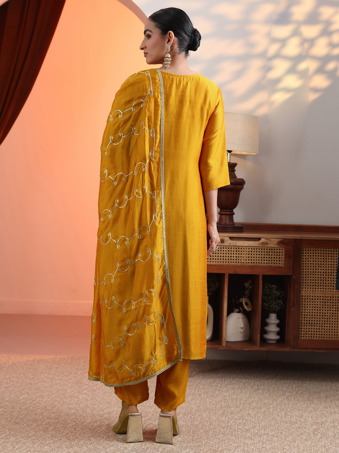  Mustard Embellished Chinon Straight Suit Set With Dupatta 