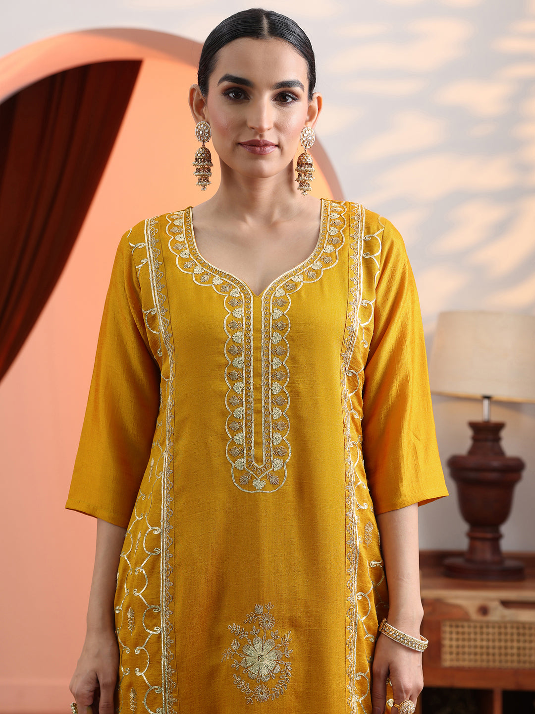  Mustard Embellished Chinon Straight Suit Set With Dupatta 