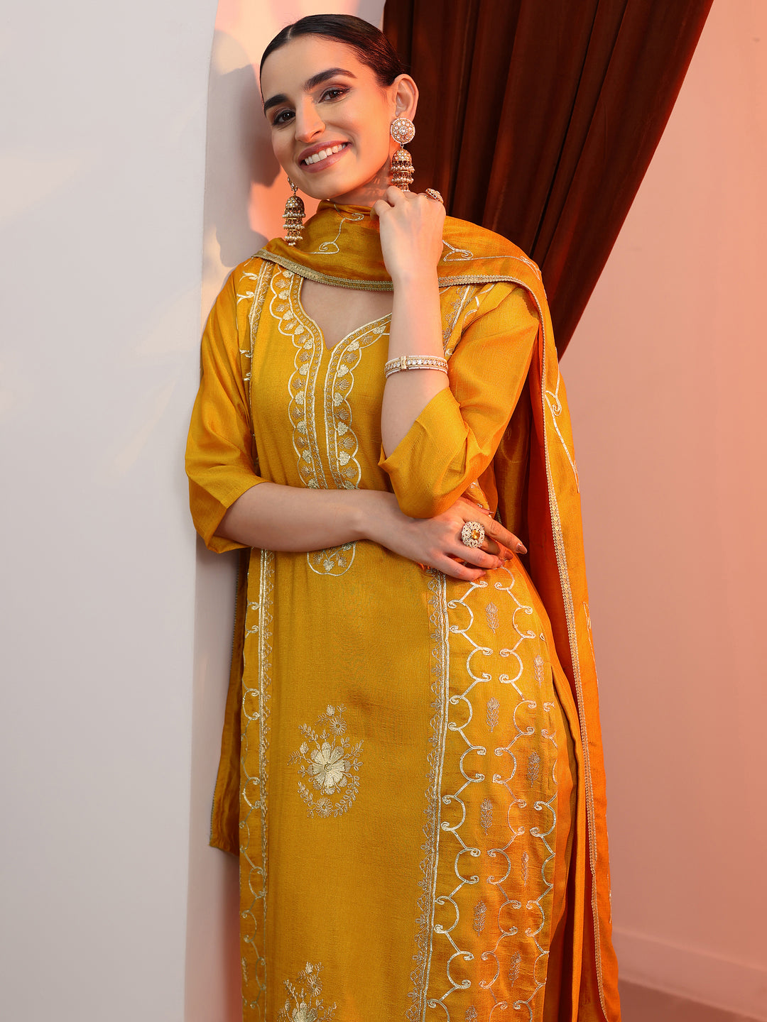  Mustard Embellished Chinon Straight Suit Set With Dupatta 
