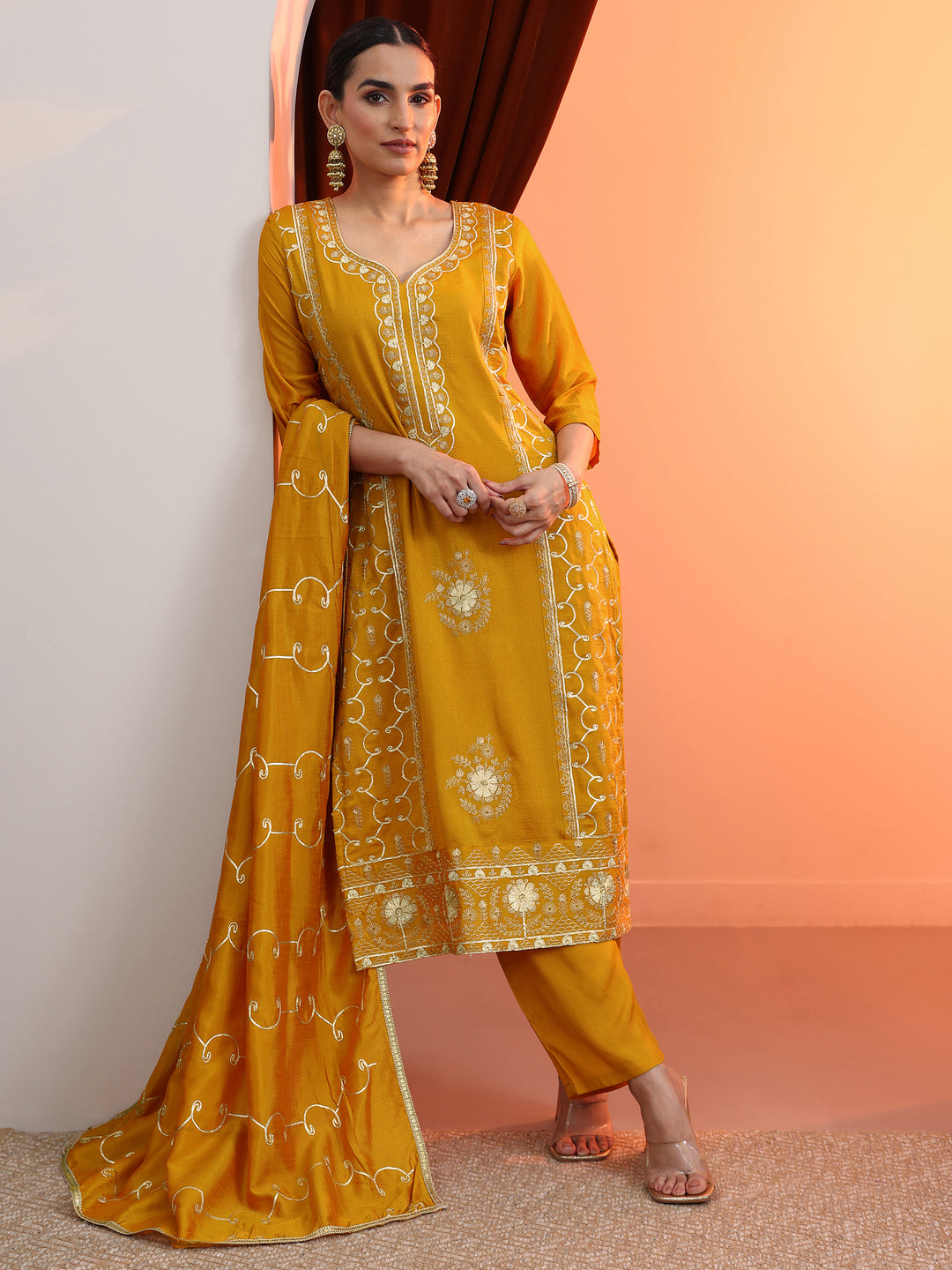  Mustard Embellished Chinon Straight Suit Set With Dupatta 
