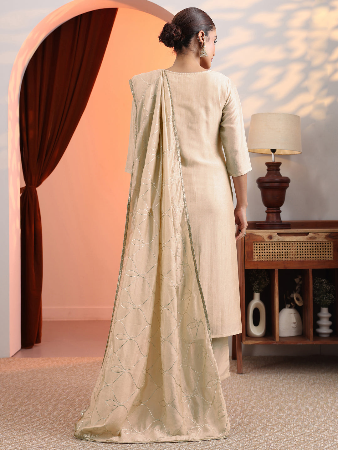  Cream Embroidered Chinon Straight Suit Set With Dupatta 